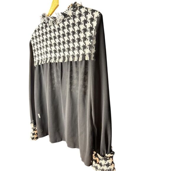 Zara sheer black and white houndstooth tweed pocket blouse sz L - Picture 5 of 6